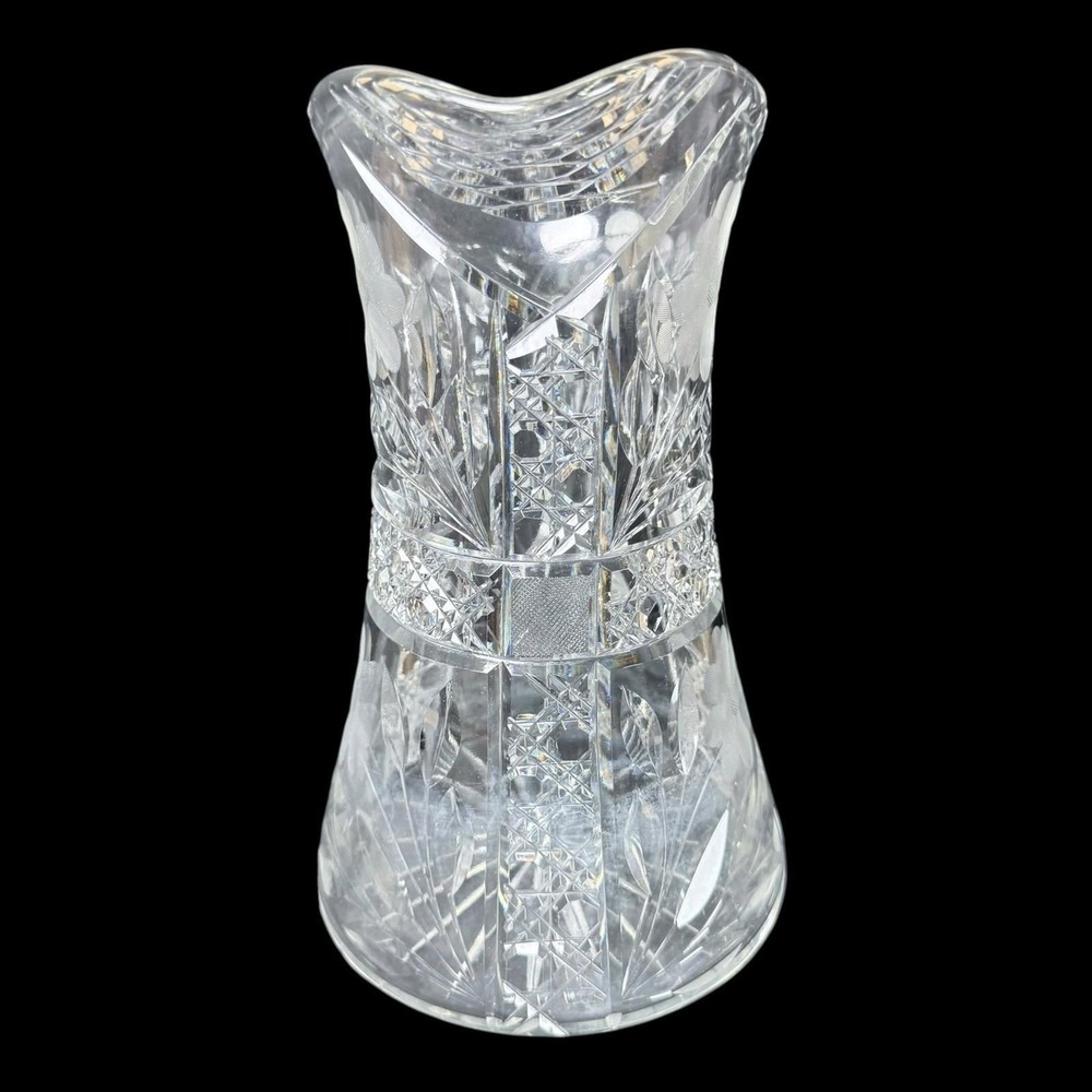 American Brilliant Cut Glass Pitcher Floral Flower 10.5" Vintage READ